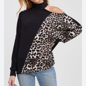 Black and leopard cold shoulder top